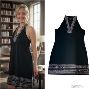 White House Black Market Black Halter Dress with Embroidered Trim